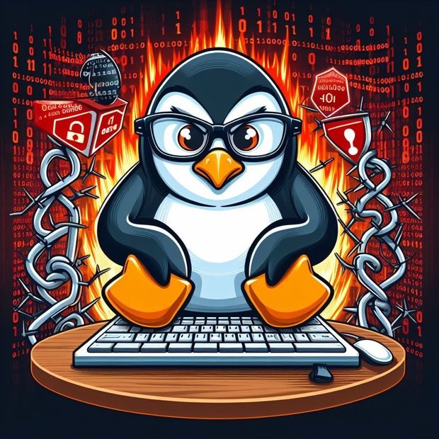 Pinguim hacker rompendo correntes entre chamas