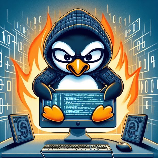 Pinguim de gorro entre chamas segurando um monitor com código